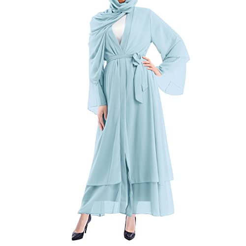 IWEMEK Women Chiffon Muslim Dress Middle East Arabian Robe Islamic Open Front Abaya Long Sleeve Flowy Maxi Cardigan Dress - color: Light Blue, size: Medium