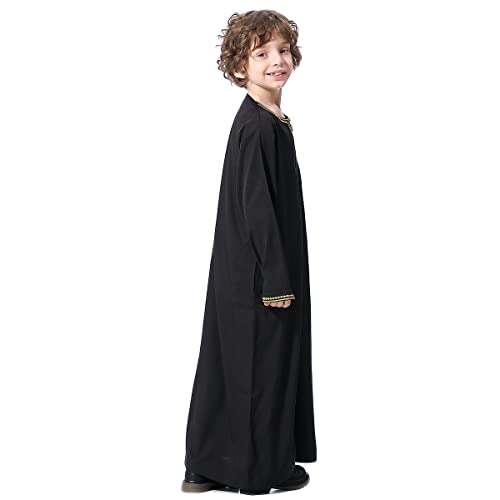 OBEEII Boy's Muslim Arab Solid Color Thobe Long Sleeve Kaftan Embroidered Robe Islamic Arabic Abaya Thobe - color: Black, size: 5-6 Years