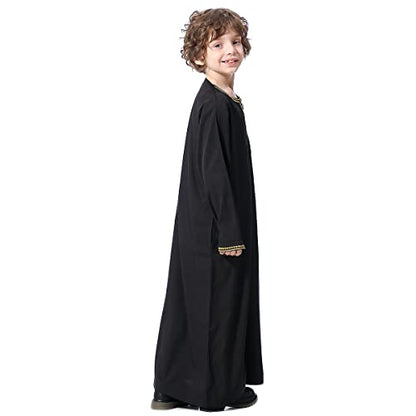 OBEEII Boy's Muslim Arab Solid Color Thobe Long Sleeve Kaftan Embroidered Robe Islamic Arabic Abaya Thobe - color: Black, size: 5-6 Years