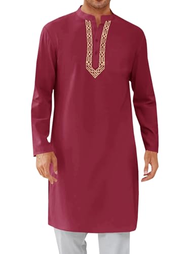 Runcati Mens Kaftan Thobe Button Down Casual Henley Shirts Long Sleeve Robe Cotton Linen Muslim Gown Shirt - color: Burgundy, size: Medium
