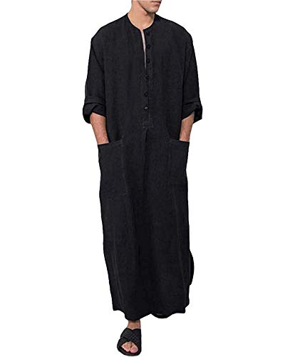 Jacansi Men's Button up Cotton Robe Long Sleeve Kaftan Thobe Long Gown Casual Shirt for Beach - color: 01-black, size: Medium
