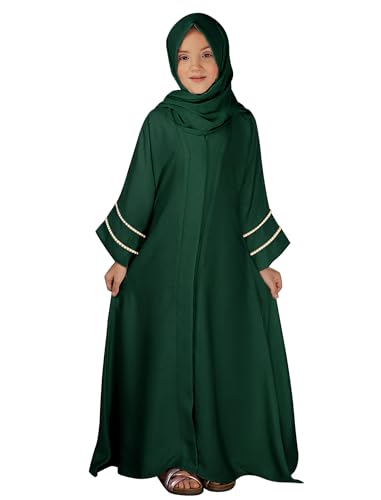 ABEWIP Girls Muslim Dress Chiffon Kaftan Maxi Dress Cardigan Robe Islamic Modest Hijab Dress for Girls with Pockets - color: Green, size: 7-8 Years