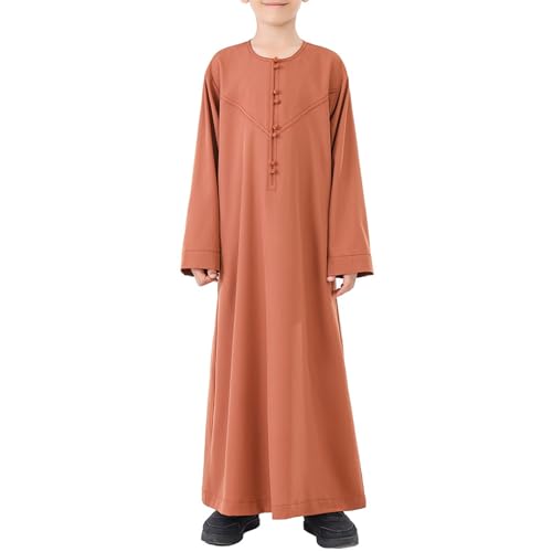 Boys Arabic Thobe Solid Long Sleeve Muslim Kaftan Robe Kids Boys Crew Collar Button Islamic Thobe Ramadan Eid Outfit - color: Brown, size: 11-12 Years