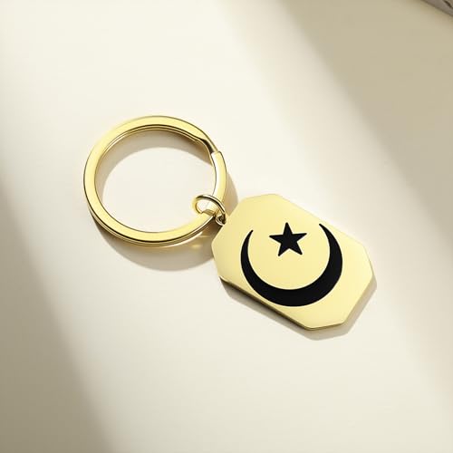 VASSAGO Stainless Steel Muslim Keychain Double Sided Islamic Crescent Star Allah Calligraphy Key Ring Religious Ramadan Gift - color: Gold