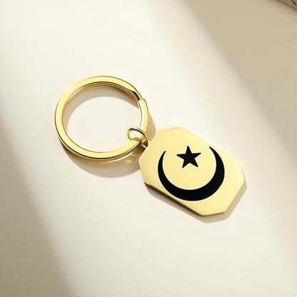 VASSAGO Stainless Steel Muslim Keychain Double Sided Islamic Crescent Star Allah Calligraphy Key Ring Religious Ramadan Gift - color: Gold
