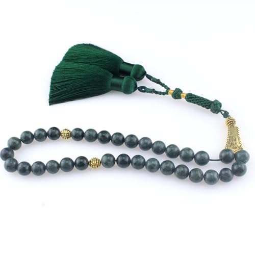 Muslims Islamic Dhikr Tasbeeh 33 Tasbih Prayer Beads, Dark Green Jade Stone Beads with Tassel
