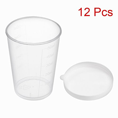 uxcell Measuring Cup 50ml Plastic Graduated Beaker Transparent with Lid for Lab Kitchen liquids 12pcs