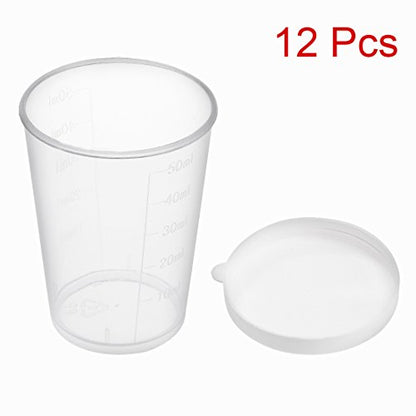 uxcell Measuring Cup 50ml Plastic Graduated Beaker Transparent with Lid for Lab Kitchen liquids 12pcs