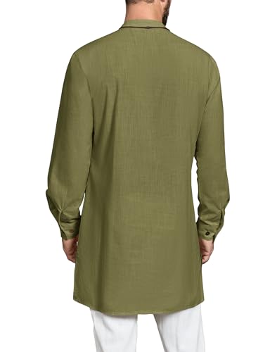 Gafeng Mens Kaftan Thobe Long Sleeve Robe Gown Casual Cotton Linen Button Muslim Shirt - color: Army Green, size: X-Large