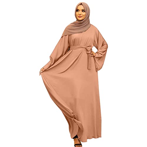 Casual Maxi Dresses for Women Long Sleeve Spring Pleated Flowy A Line Prayer Dress Muslim Dresses with Belt - color: Beige, size: Small
