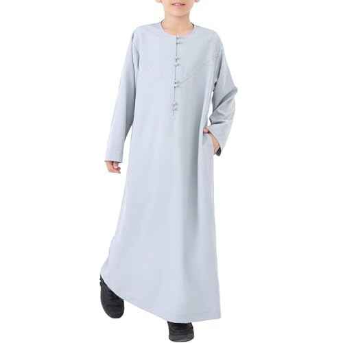 Boys Arabic Thobe Solid Long Sleeve Muslim Kaftan Robe Kids Boys Crew Collar Button Islamic Thobe Ramadan Eid Outfit - color: Grey, size: 9-10 Years