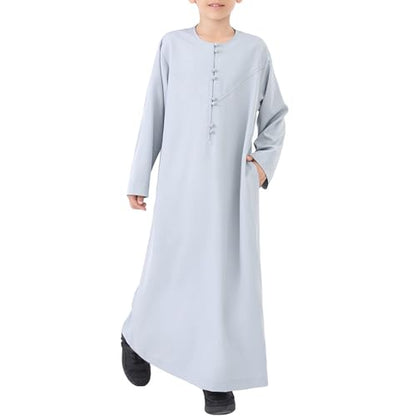 Boys Arabic Thobe Solid Long Sleeve Muslim Kaftan Robe Kids Boys Crew Collar Button Islamic Thobe Ramadan Eid Outfit - color: Grey, size: 5-6X