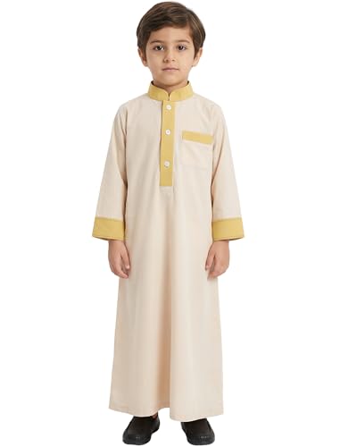 IWEMEK Kids Thobe for Muslim Boys Robe Eid Ramadan Kaftan Dubai Islamic Prayer Clothes Arabic Abaya Ethnic Dress with Pockets - color: Apricot, size: 8-9 Years