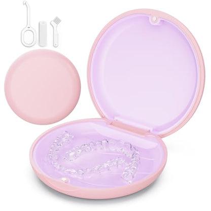 Retainer Case, Compatible with Invisalign, Cute Orthodontic Slim Aligner Case with Removal Tool and Brush, Pink - color: Pink