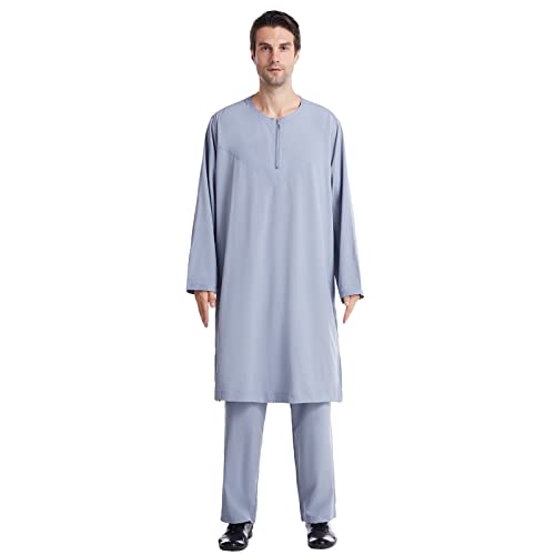Muslim Outfits for Men Button Down Pocket Two Piece Muslim Outfit Casual Thobes Set Robe Set Machine Washable - color: 03#_grey, size: Medium