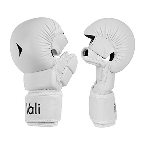 Vali MMA Hybrid Gloves Shooter for Sparring Grappling Training in Martial Arts - color: White, size: Small-Medium