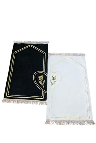 ihvan online Muslim Prayer Rug for Couples, Praying Mat Set for Women & Men, Soft Prayers Matt with Prayer Beads, Islamic Gifts for Ramadan Eid, Two Pieces, White-Black Rose Patterned - color: Rose Patterned