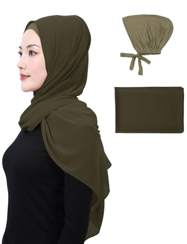 Matched Hijab and Undercap Set, Chiffon Muslim Head Scarf for Women, A Perfectly Decent Combination - color: Olive Green