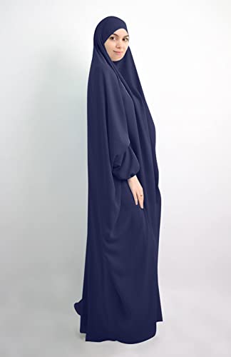 Qianliniuinc Women Muslim Full Cover Long Dress - Loose Hooded Dress Abaya Prayer Robe Islamic Clothes One-Size - color: Navy Blue