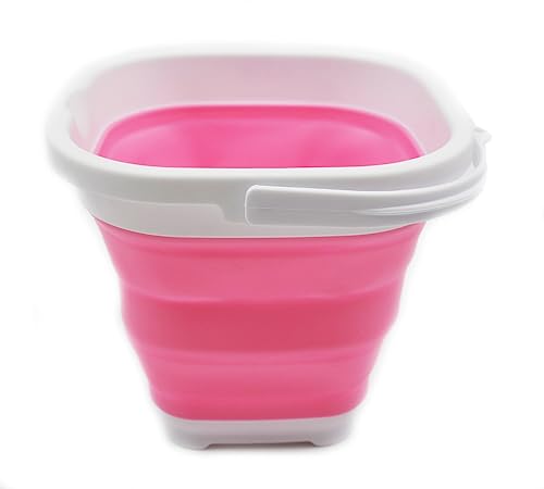 SAMMART 2.6L (0.68 Gallon) Super Mini Sqare Collapsible Plastic Bucket - Foldable Square Tub - Portable Fishing Water Pail - Space Saving Outdoor Waterpot (1, White/Pink) - color: White/Pink