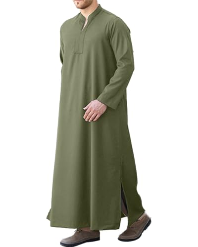 LVCBL Kaftan Thobe for Men Big And Tall Muslim Robe Mens Long Sleeve Caftan - color: Army Green, size: Medium