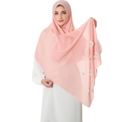 Muslim Prayer Hijab for Women Lightweight Pearl Chiffon Scarfs 3-D Butterfly Embroidery with Glitters Beads Islamic Hijab - color: Pink