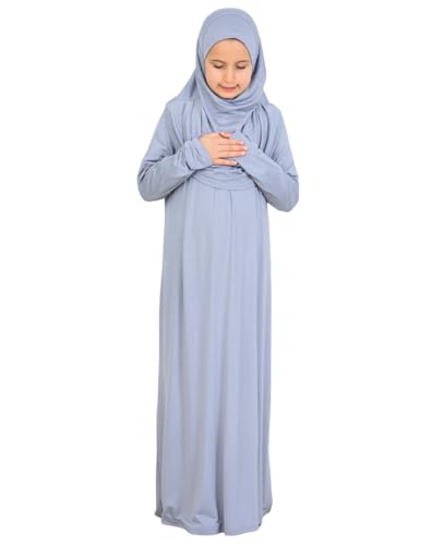 Prien Kids Muslim Prayer Dress With Hijab & Pouch, Soft Viscose Abaya For Girls, Islamic Clothes, Robe For Eid, Ramadan - color: Grey