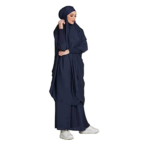 Women Muslim 2 Set Solid Color Plus Long Sleeve Thobe One-size Longuette Overall Abaya Thobe with Hoodied Hijab - color: Navy Blue