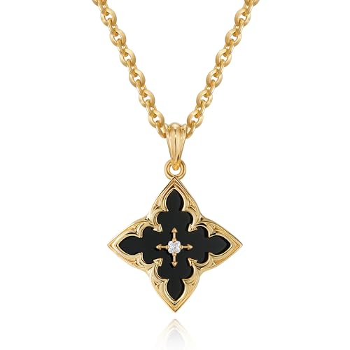Gold Necklace for Women Charm Clover Pendant Gold Statement Necklaces - color: Black Onyx
