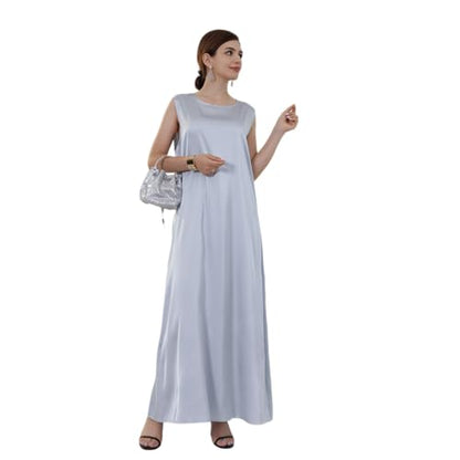 Ramadan Eid Prayer Abaya Dress for Women Muslim Islam Turkey Satin Sleeveless Slip Inner Under Loose Long Dress - color: Light Grey, size: X-Large