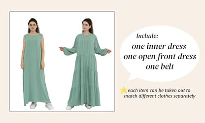 Prlemend Two-Pieces Abaya for Women Muslim Robe with Belt Prayer Dress Set | 2PCs, with Belt, Cake Skirt - color: Pea Green, size: Medium