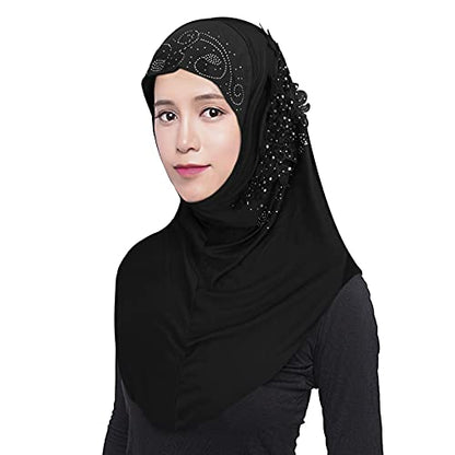 Women Soft One Piece Hijab Long Muslim Turban Islamic Full Head Scarf - color: Black/Flower