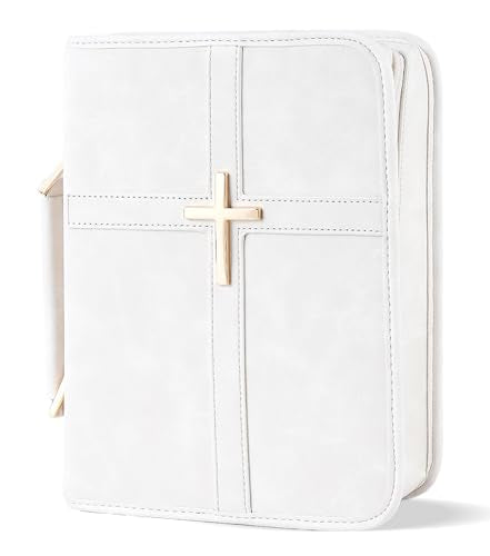 Vegan Leather Bible Cover Case, Bible Bag with Phone Pocket, Bible Case for Men Women, Christian Gift Box Packaging (White) - color: White