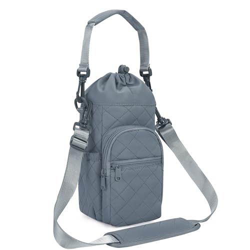 sportsnew 40oz Insulated Crossbody Water Bottle Bag Gym Hiking Phone Pocket | Water-resistant Lining, Padded Strap, Top Handle, Drawstring, Phone Pocket, Elastic Slots, Built-In Key Clip for Gym Walking - color: Quilt Blue