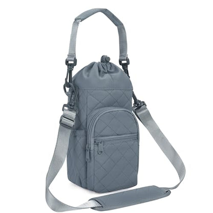 sportsnew 40oz Insulated Crossbody Water Bottle Bag Gym Hiking Phone Pocket | Water-resistant Lining, Padded Strap, Top Handle, Drawstring, Phone Pocket, Elastic Slots, Built-In Key Clip for Gym Walking - color: Quilt Blue