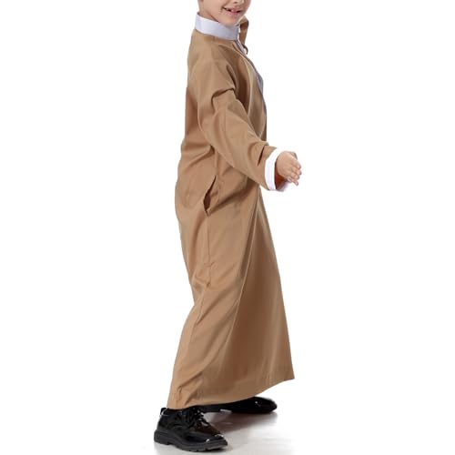 Arabic Thobe for Muslim Boys Eid Outfit Long Sleeve Kaftan Kids Prayer Dress Boys Muslim Thobe Ramadan Islamic Clothing - color: Brown, size: 5-6X