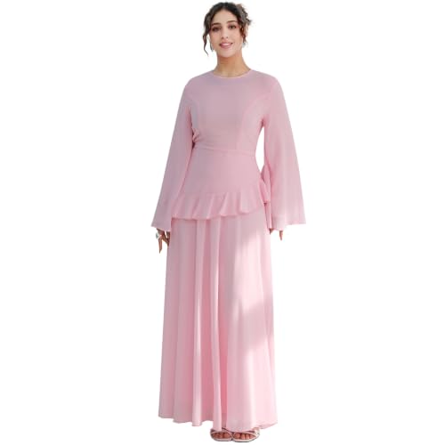 1PC Abaya Dress for Muslim Women 2-Layered Pearl Chiffon Islamic Prayer Clothing Back Zipper Maxi Abaya Dress with Belt - color: Pink, size: Small