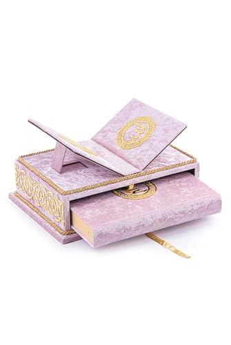 The Holy Quran Velvet Box Sets | Special Quran Holder Stand | Luxury Islamic Gift | Spiritual Grace| Quran Dimension;6.6*9.4inch/17*24cm I Perfect Ramadan, Eid, Umrah Gift for Muslim Women Men (Pink) - color: Pink