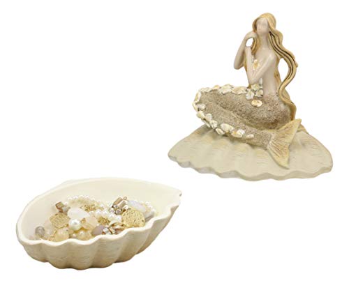 Ebros Gift Sand Brown Abstract Mermaid Sitting On Giant Sea Shell Jewelry Box Figurine With Sea Shell Ornaments 7" High Nautical Ocean Mermaids Siren Of The Seas Home And Bathroom Decorative Statue