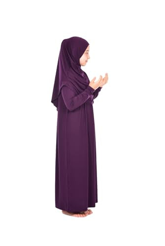 ihvan online Muslim Dress for Girls, Long Sleeve One-Piece Islamic Prayer Dress, Hijab for Kids, Girls Abaya, Islamic Gifts - color: Purple