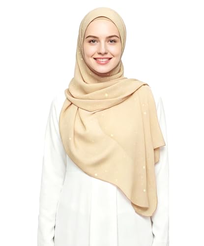 Lina & Lily Sparkle Shimmer Gold Glitter Women's Chiffon Hijab Head Scarf Shawl Wrap Lightweight - color: Beige
