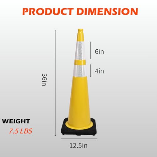 8 Pack 36 Inch Yellow Traffic Cones with Reflective Strips, Large Black Base Safety Cones for Industrial Sites, Warehouses and Emergency Marking (8, Yellow, 36 Inch) - color: Yellow, size: 36 Inch
