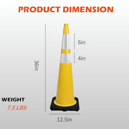 8 Pack 36 Inch Yellow Traffic Cones with Reflective Strips, Large Black Base Safety Cones for Industrial Sites, Warehouses and Emergency Marking (8, Yellow, 36 Inch) - color: Yellow, size: 36 Inch