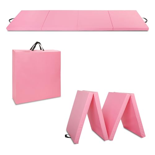 Outroad 6/8/10' Foldable Gymnastics Gym Exercise Aerobics Mat, PU Leather Tumbling Mat with Hook & Loop Fastener for Stretching Yoga Cheerleading Martial Arts - Versatile Fitness Mat for Home Workout - color: Pink 4 folding mat 8' x 2' x 2"