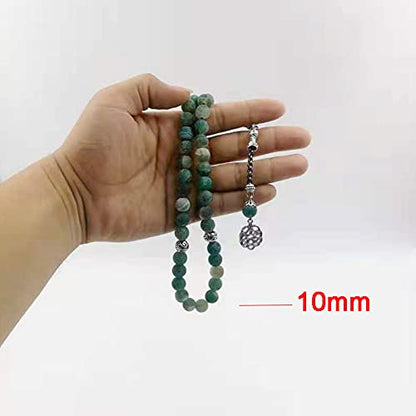 Tasbih Natural Green Agate Stone Blue Metal Tassel 33 45 66 99 Prayer Beads Islamic Fashion Stone Muslim Rosary (10mm x 66beads) - size: 10mm x 66beads