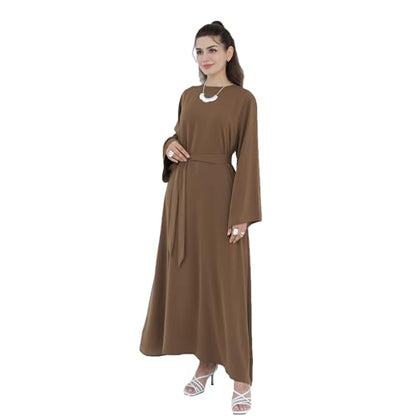 Women Abaya Dress with Belt Muslim Bell Sleeve Robe Islamic Prayer Jilbab | with Belt, A-line Skirt, Bell Sleeve - color: Dark Coffee, size: Medium