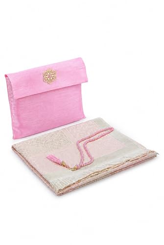 ihvan online Muslim Prayer Rug with 99 Beads Tasbih & Travel Bag, Soft Taffeta Sajadah, Lightweight & Foldable Janamaz, Portable Prayer Mat, Islamic Gift for Eid, Ramadan, Hajj & Umrah, Pink - color: Pink