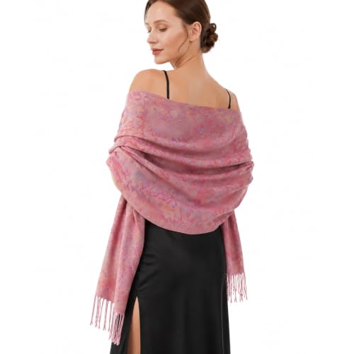 Paisley Pashmina Rave Shawl Scarf-Women's Reversible Ethnic Jacquard Pashmina Wraps for Travel - color: A#. Rose Pink