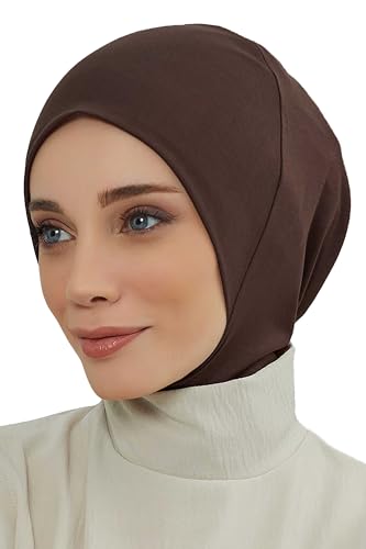 Aisha's Design Instant Turban 95% Cotton Head Scarf Headwear Combed Cotton Ninja Cap, Slip on Jersey Hijab - color: Brown