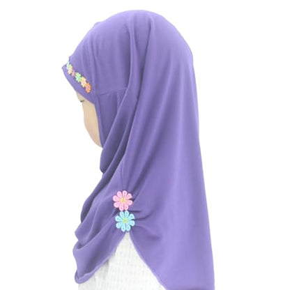Girls Instant Hijab – Soft Kids Muslim Scarf with Flower, Breathable One-Piece Headscarf for Toddlers Age 2-8 - color: Small Flower-purple